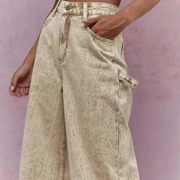 Khaki Casual Women's Washed Folded Hem Straight Leg Jeans - Picture 4 of 4